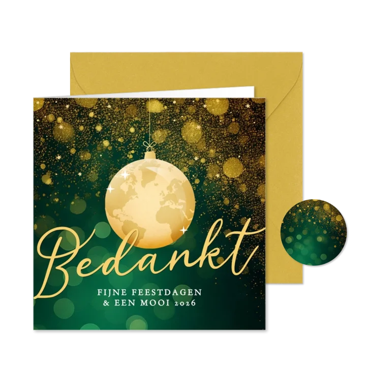 Groene kerstkaart zakelijk met gouden wereldkaart kerstbal
