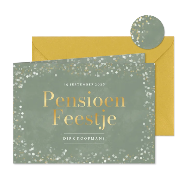Groene uitnodiging voor pensioen met confetti en goud