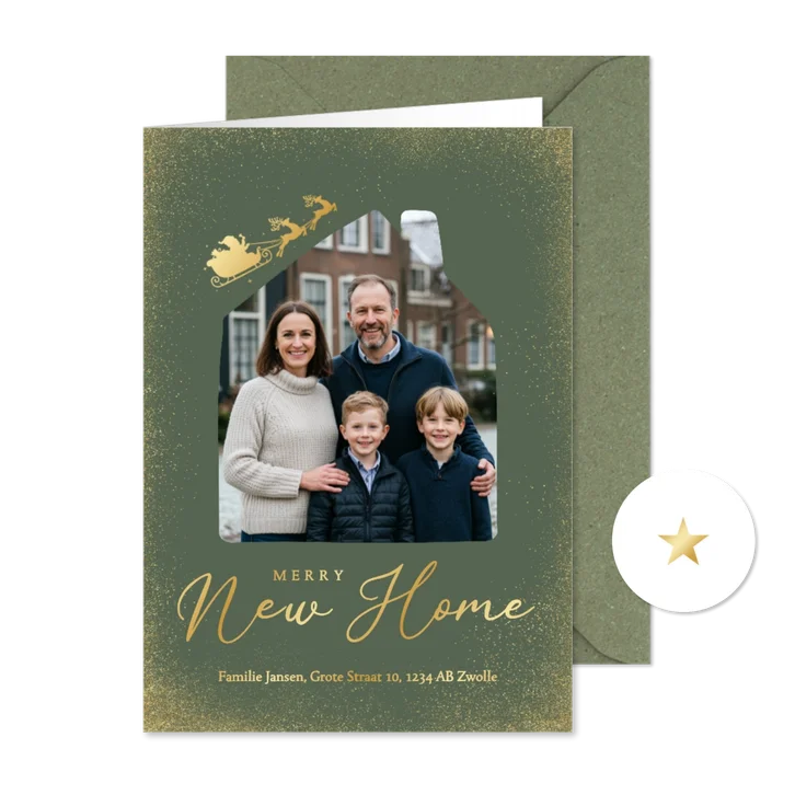 Groene verhuiskaart merry new home met foto en kerstman goud