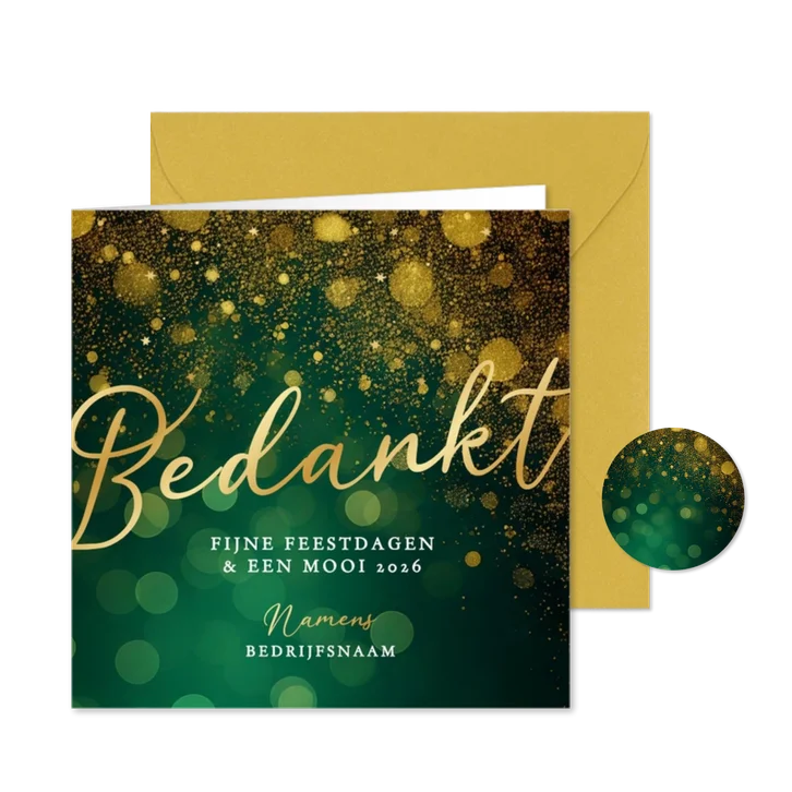 Groene vierkante kerstkaarten zakelijk bedankt met goud