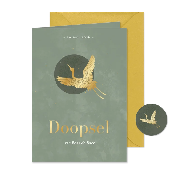 Groene waterverf doopkaartjes met gouden kraanvogel