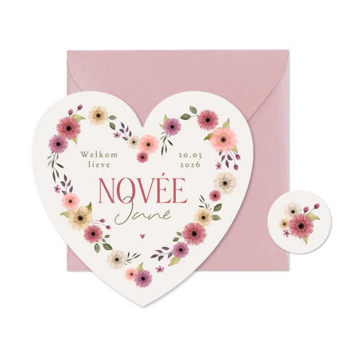 Hartvorm geboortekaartje bloemen meisje vintage stijlvol