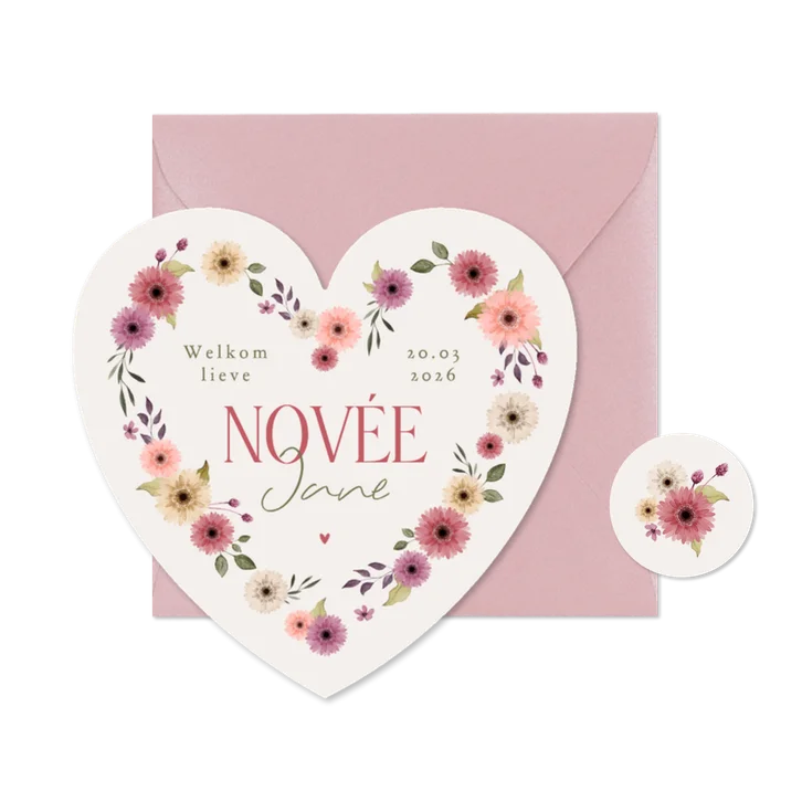 Hartvorm geboortekaartje bloemen meisje vintage stijlvol