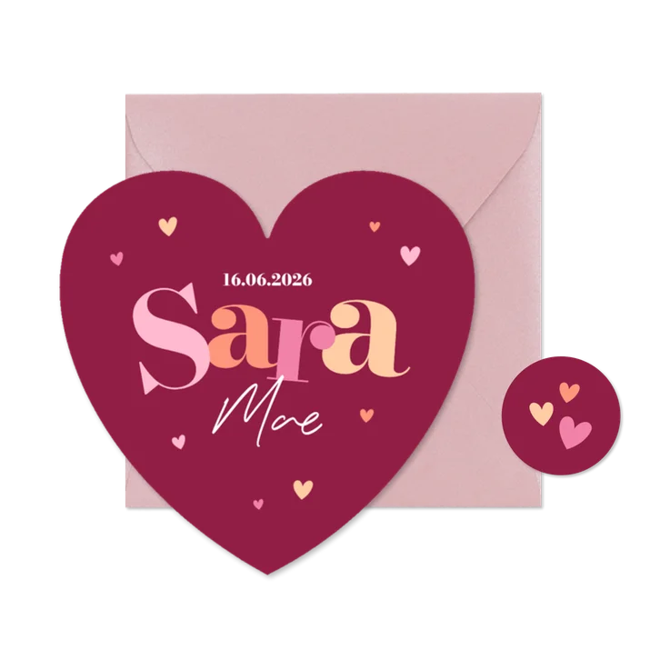 Hartvorm grafisch geboortekaartje hartjes kleurrijk stoer