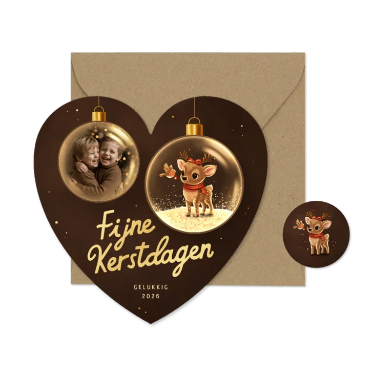 Hartvorm kerstkaart hertje en foto in kerstbal