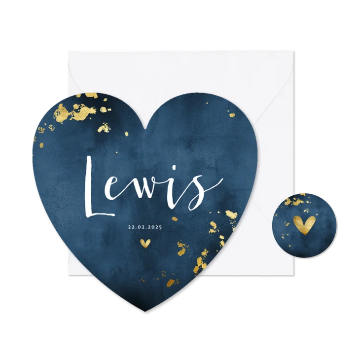 Hartvormig geboortekaartje blauwe waterverf gouden spetters