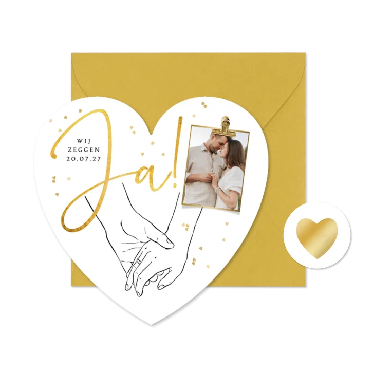 Hartvormige moderne trouwkaart lijntekening handen 