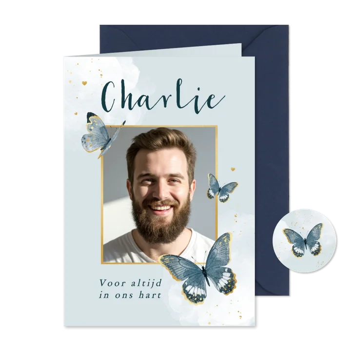 Herinneringskaart vlinders waterverf blauw goud foto