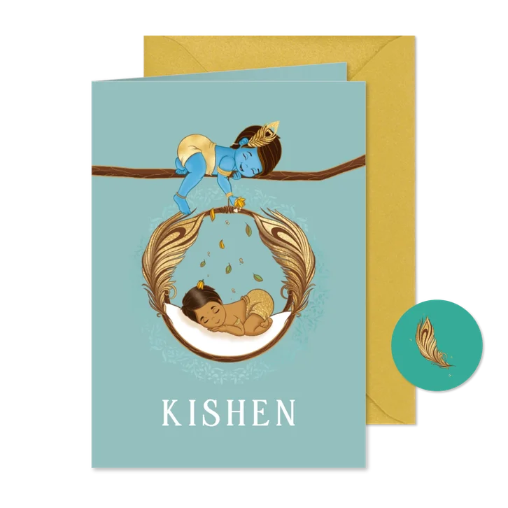 Hindoestaanse geboortekaartje Krishna en baby