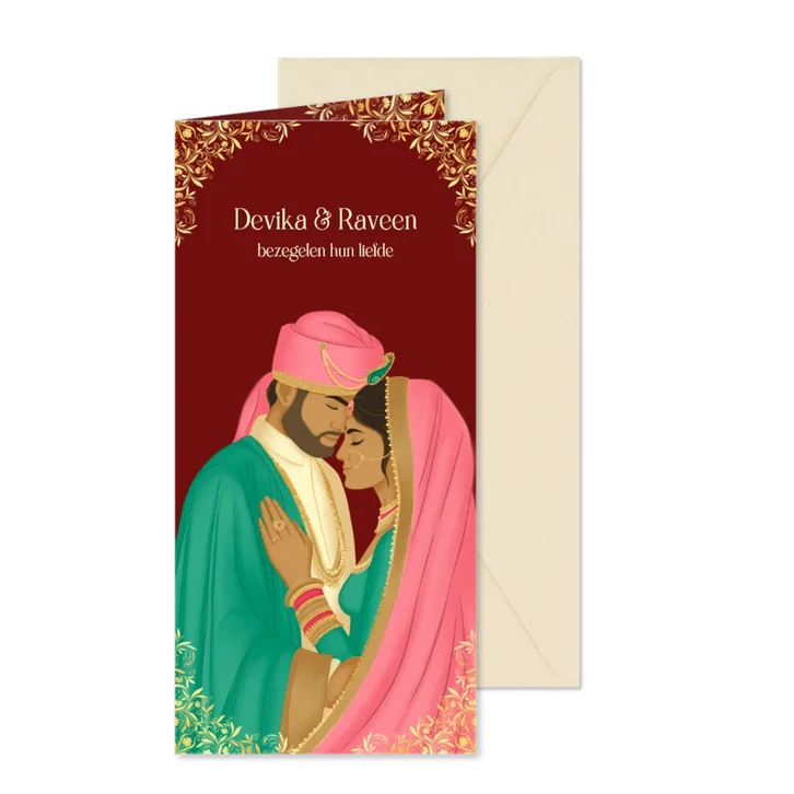 Hindoestaanse trouwkaart met een bruidspaar in roze groen