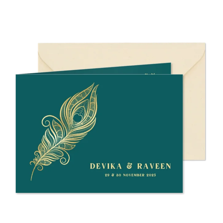 Hindoestaanse trouwkaart met gouden pauwenveer