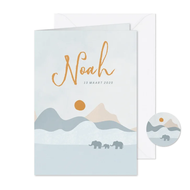 Hip blauw geboortekaartje landschap met olifantjes