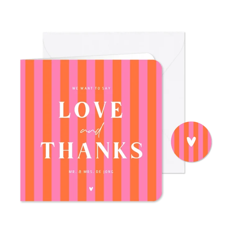 Hip en trendy bedankkaartje roze oranje streepjes hartje