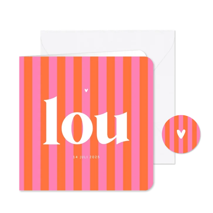 Hip en trendy geboortekaartje gestreept roze oranje hartje