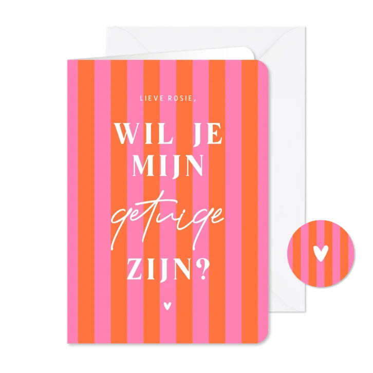 Hip en trendy getuigekaartje met roze oranje streepjes hart