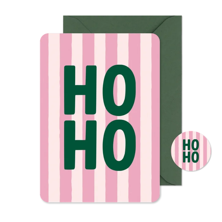 Hip en trendy kerstkaartje roze streep ho ho met groen