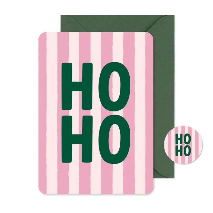 Hip en trendy kerstkaartje roze streep ho ho met groen