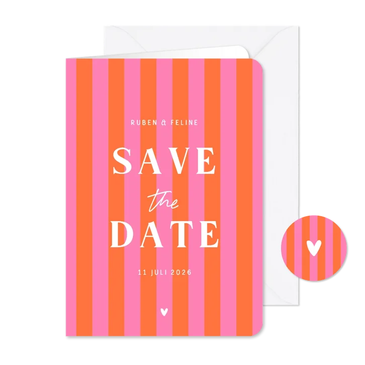 Hip en trendy save the date hartje gestreept oranje roze