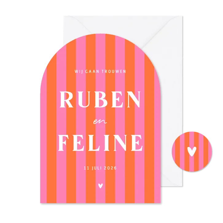 Hip en trendy trouwkaartje gestreept roze oranje hartje boog
