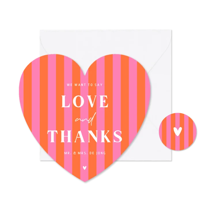 Hip en trendy trouwkaartje gestreept roze oranje hartvorm