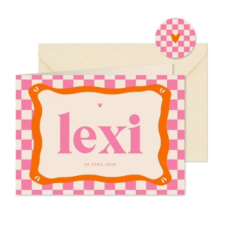 Hip geboorte kaartje oranje roze blokjes groovy vorm