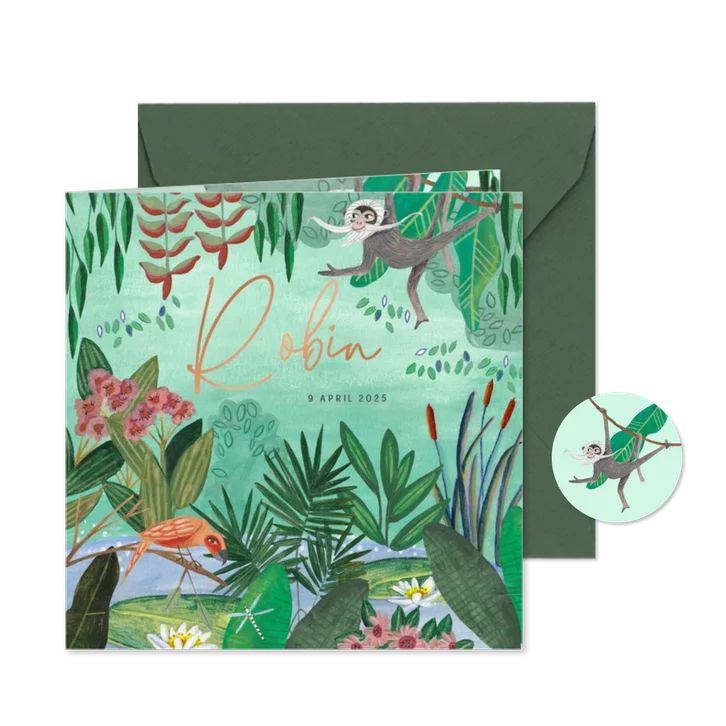 Hip geboortekaartje aapje in de jungle