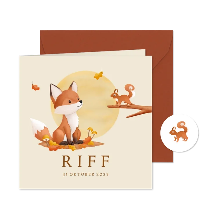 Hip geboortekaartje bosdieren illustratie vosje en eekhoorn