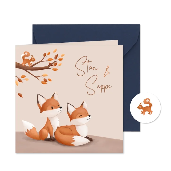 Hip geboortekaartje bosdieren illustratie vosjes tweeling