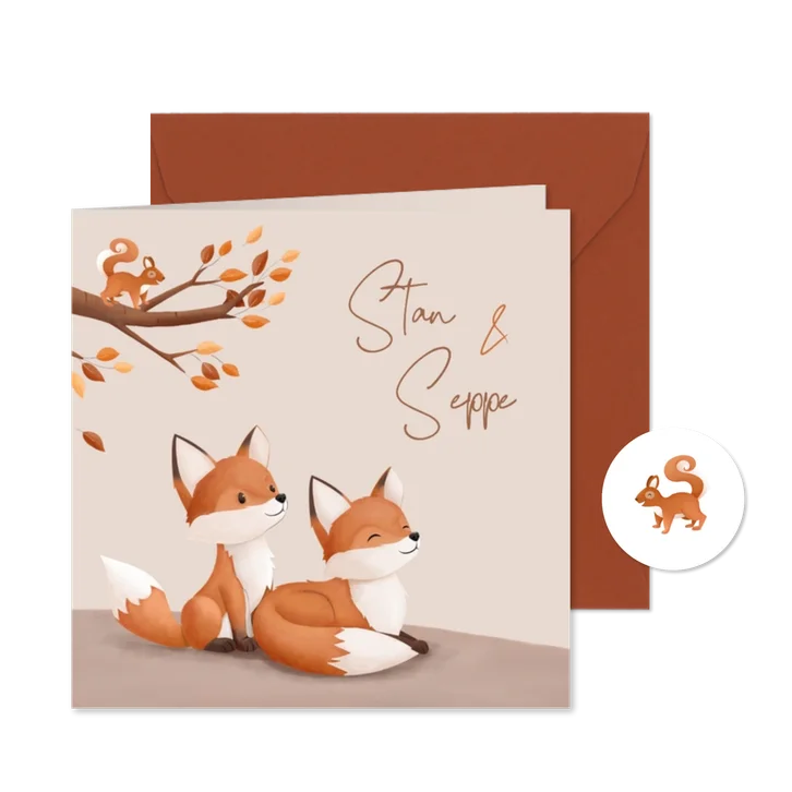 Hip geboortekaartje bosdieren illustratie vosjes tweeling