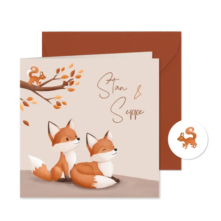 Hip geboortekaartje bosdieren illustratie vosjes tweeling