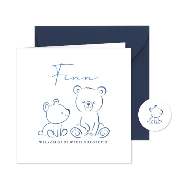 Hip geboortekaartje broertje mooie lijntekening beertjes