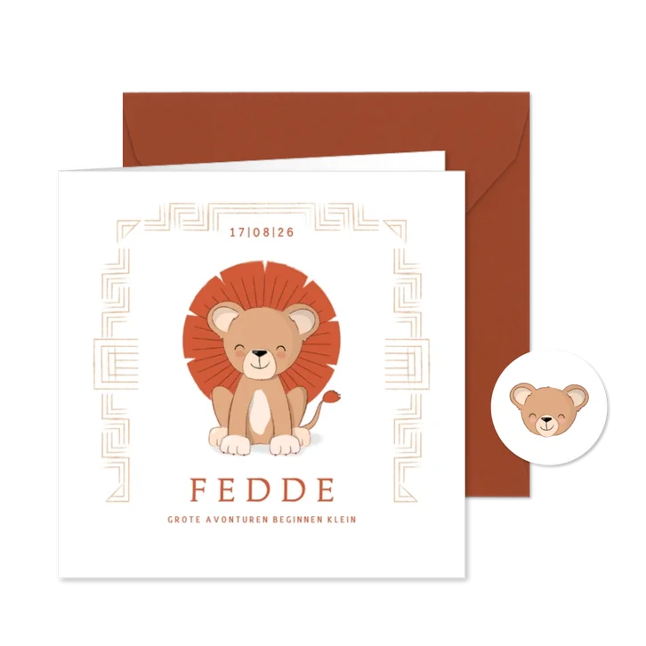 Hip geboortekaartje illustratie leeuwtje met manen 
