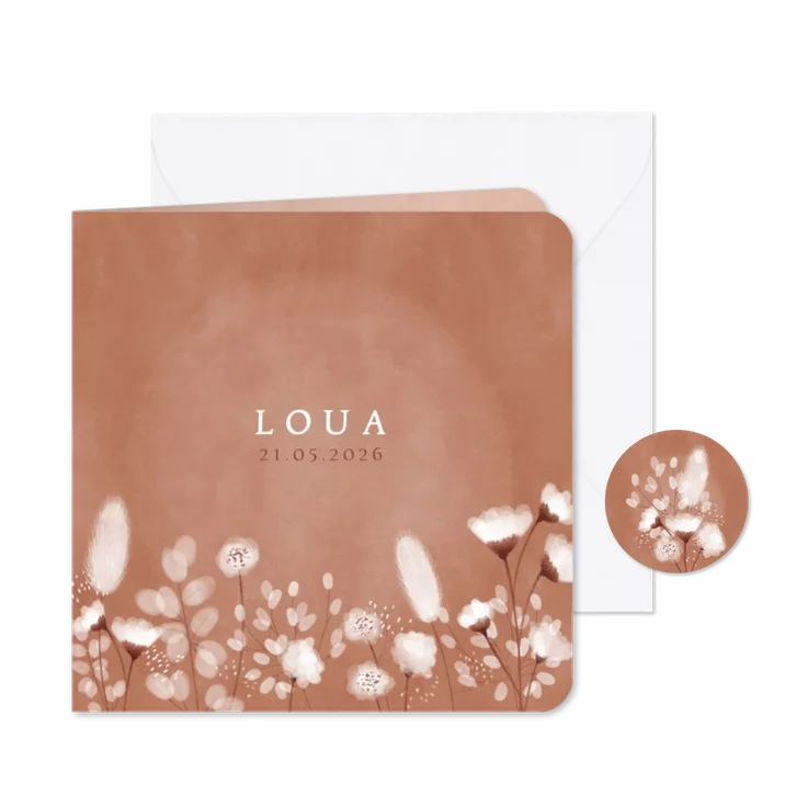 Hip geboortekaartje meisje met droogbloemen en waterverf