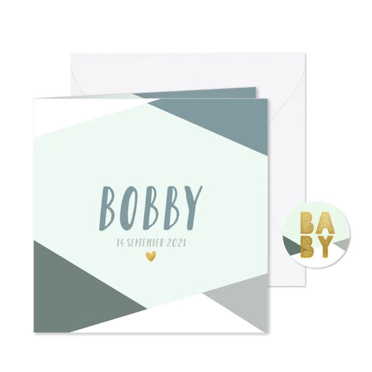 Hip geboortekaartje met blauwe vlakken en gouden hartje