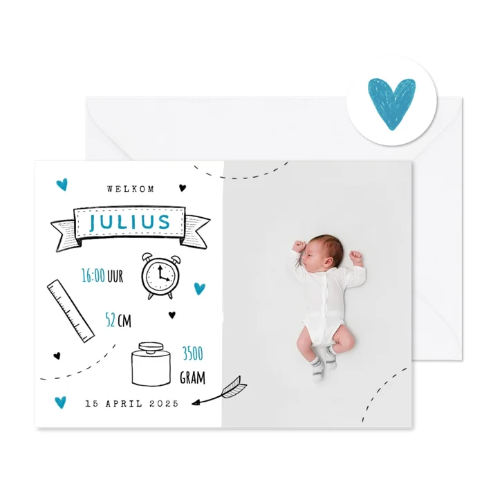 Hip geboortekaartje met doodle illustraties jongen foto