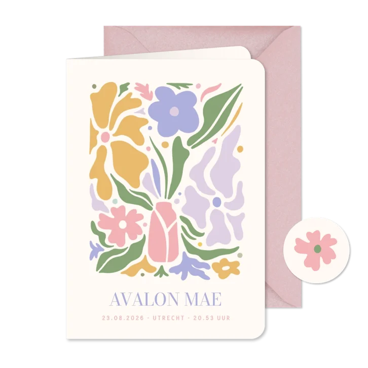 Hip geboortekaartje poster stijl met gekleurde bloemen