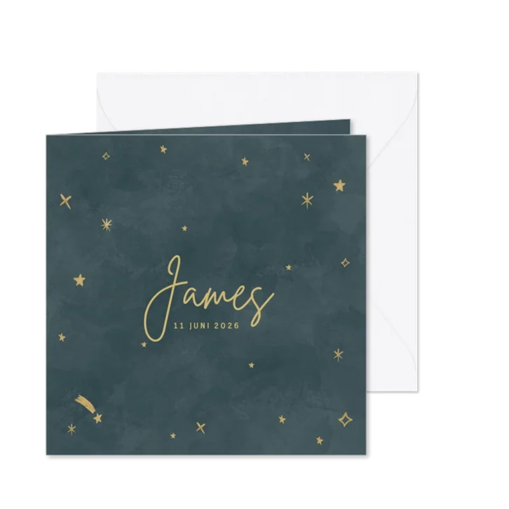 Hip geboortekaartje voor een jongen met gouden sterretjes