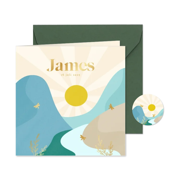 Hip geboortekaartjes jongen met landschap en gouden libelle