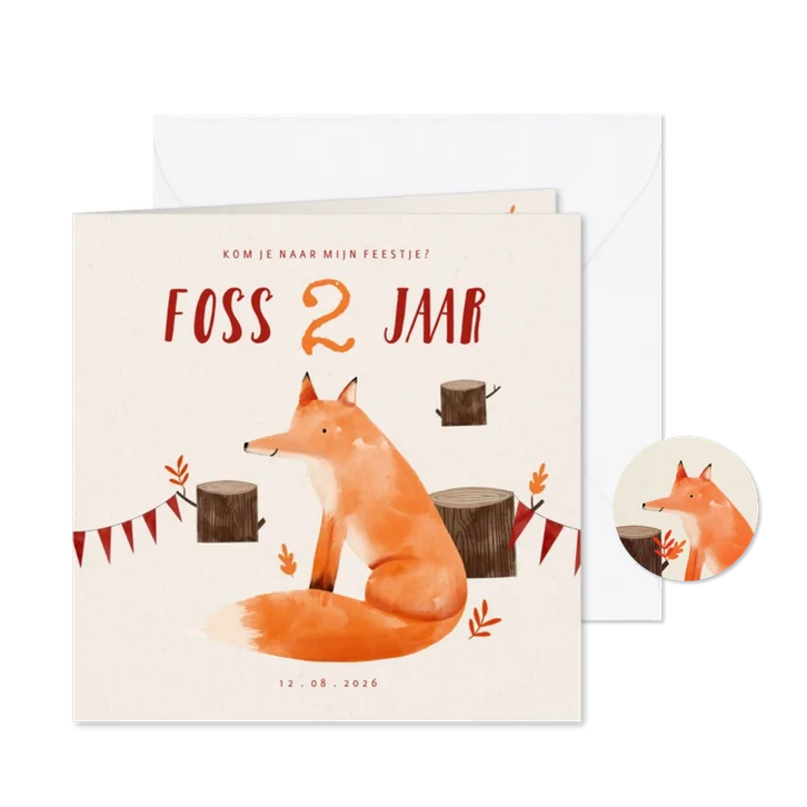 Hip kinderfeestje uitnodiging vosje in het bos en slingers