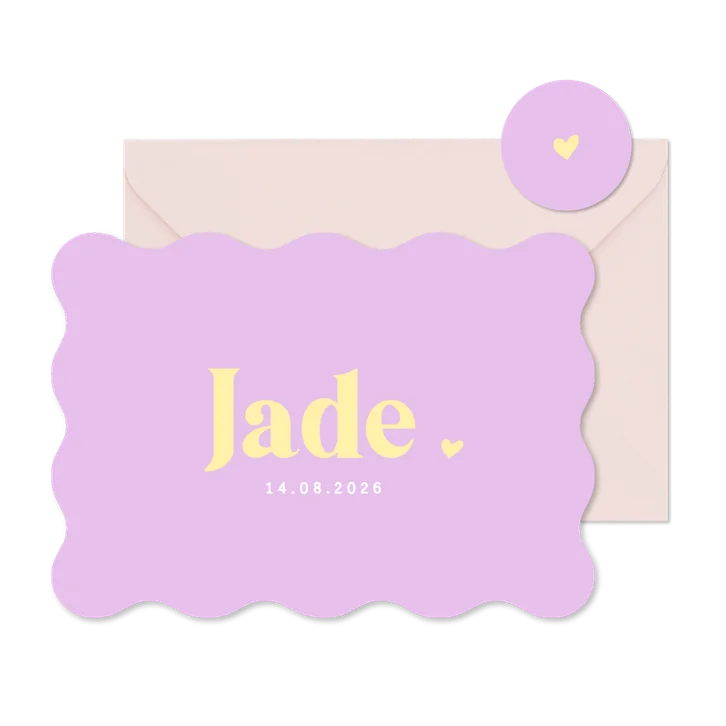 Hip lila colorblocking geboortekaartje meisje golvende rand