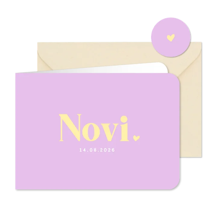 Hip lila met geel color blocking geboortekaartje meisje