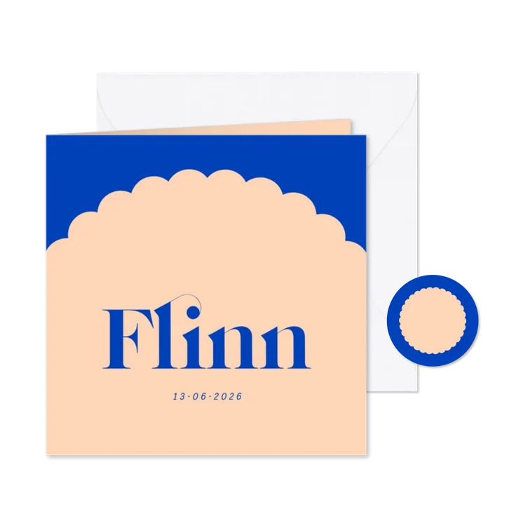 Hip modern geboortekaartje met ronde vormen blauw en oranje