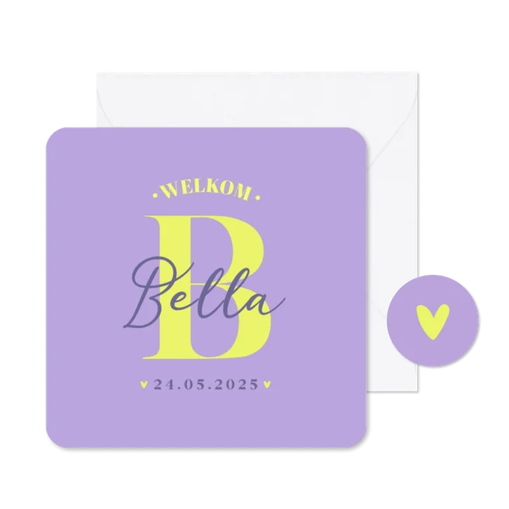 Hip modern stoer geboortekaartje paars geel voorletter