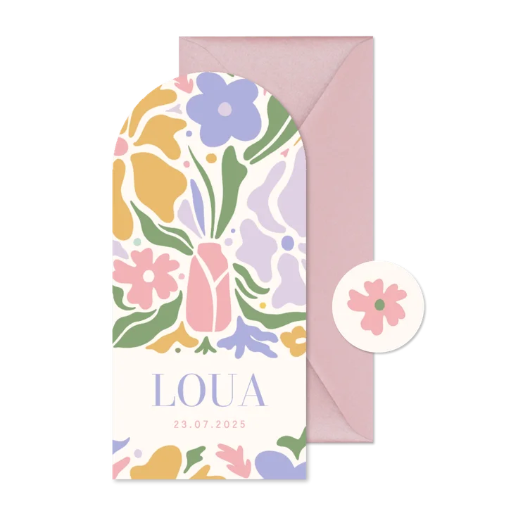 Hip pastel geboortekaartje bloemen langwerpig met boog