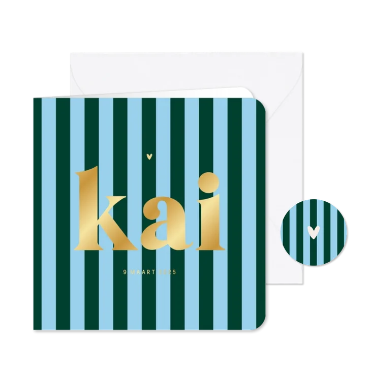 Hip trendy geboortekaartje gestreept blauwgroen hartje goud