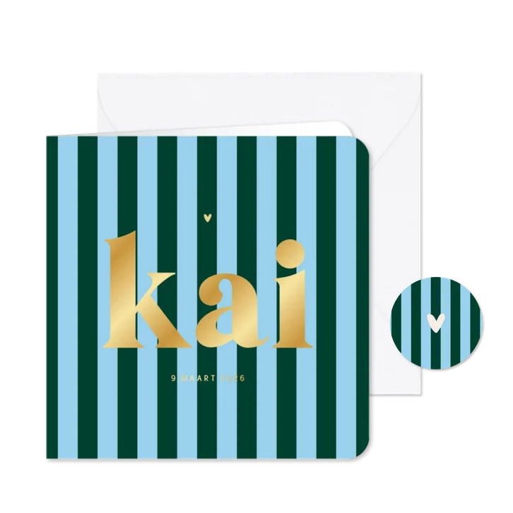 Hip trendy geboortekaartje gestreept blauwgroen hartje goud