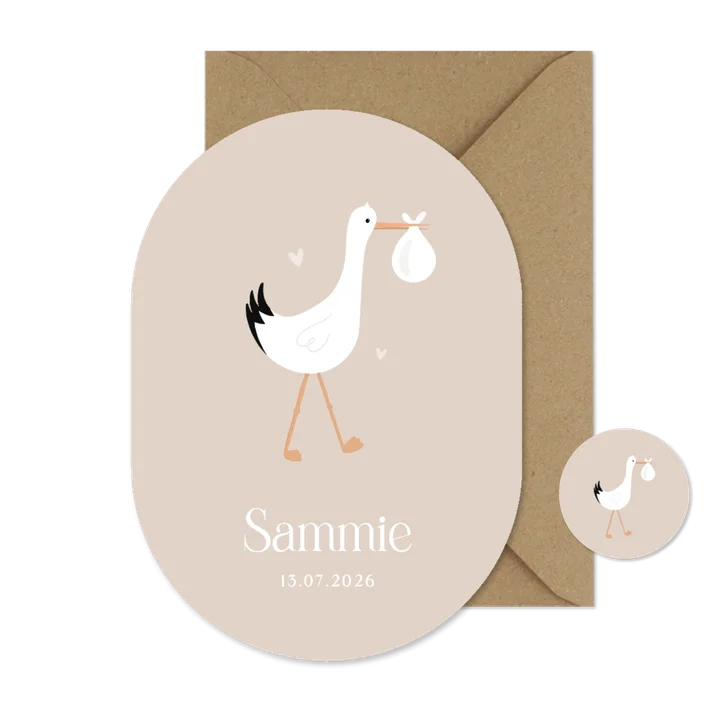 Hip unisex geboortekaartje ovaal met ooievaar illustratie