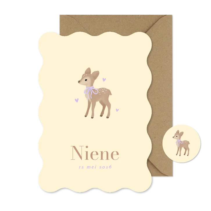 Hip zachtgeel geboortekaartje lief hertje lila details
