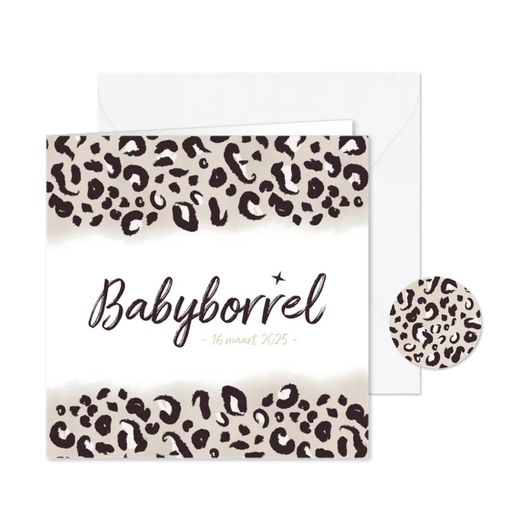 Hippe babyborrel uitnodiging met taupe panterprint en datum