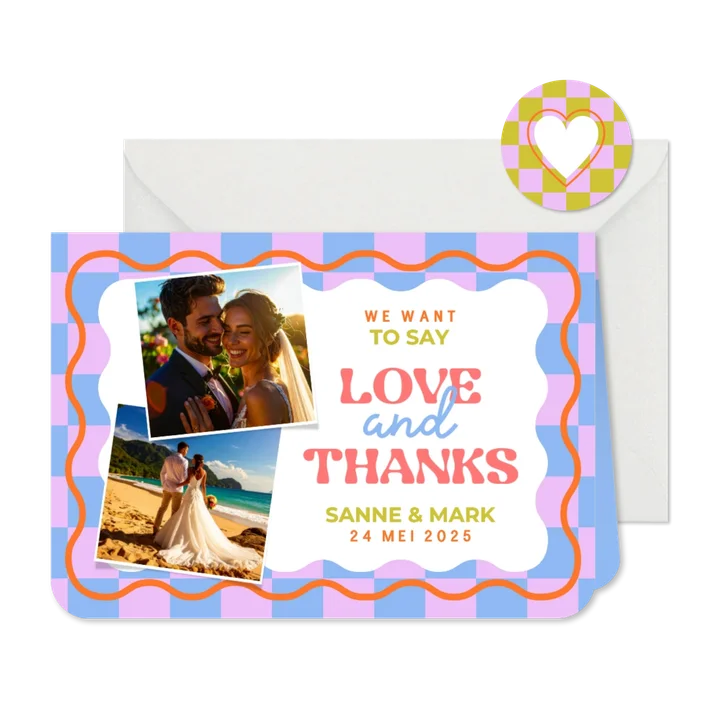 Hippe bedankkaart love&thanks trouwdag met wave en blokjes